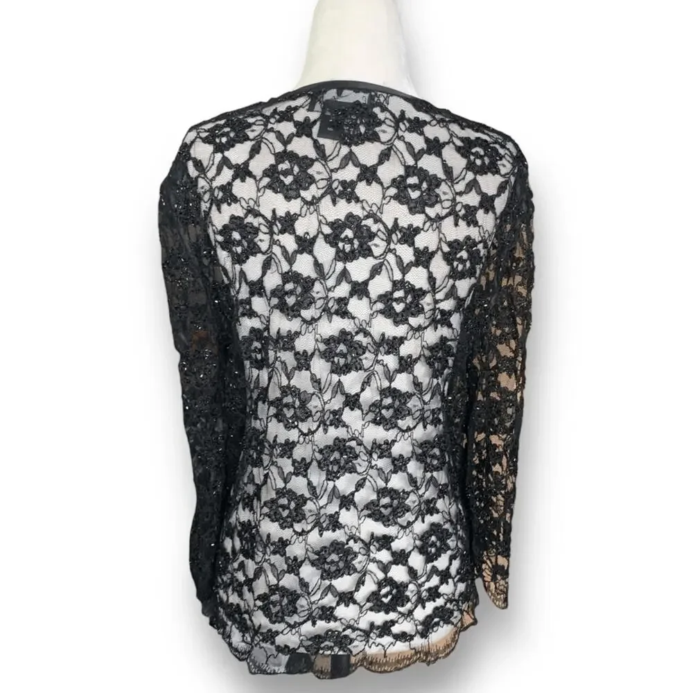 Vintage Laurence Kazar Black Beaded Lace Sheer Open Front Evening Jacket Romance